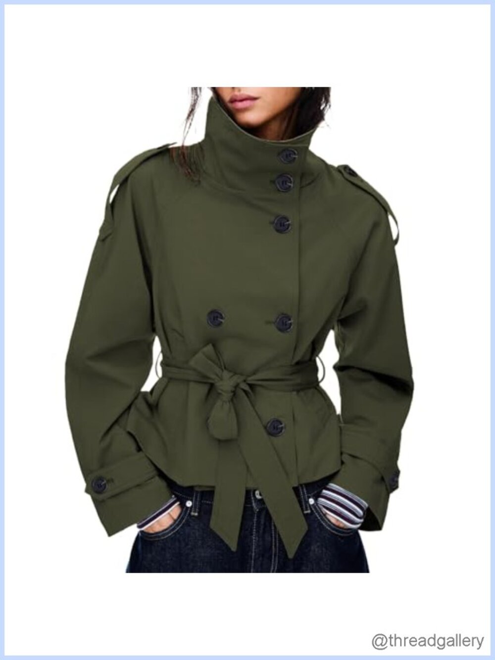 Women's Cropped Trench Coat Double Breasted Belted Funnel Neck Fall Jacket